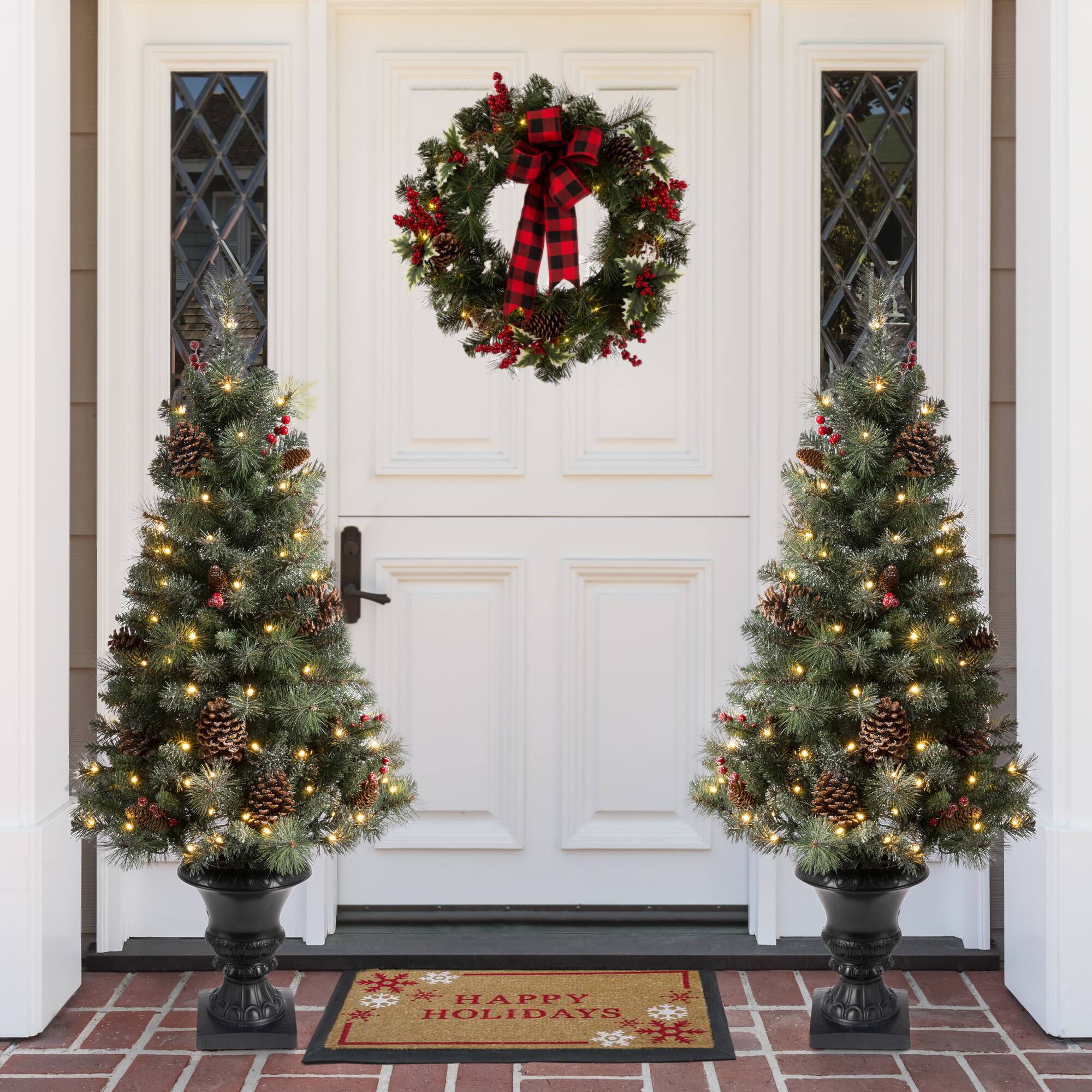 2 Pack 4ft. Pre-Lit Flocked Pinecone & Berry Fir Artificial Christmas Tree in Planter, Warm White Lights